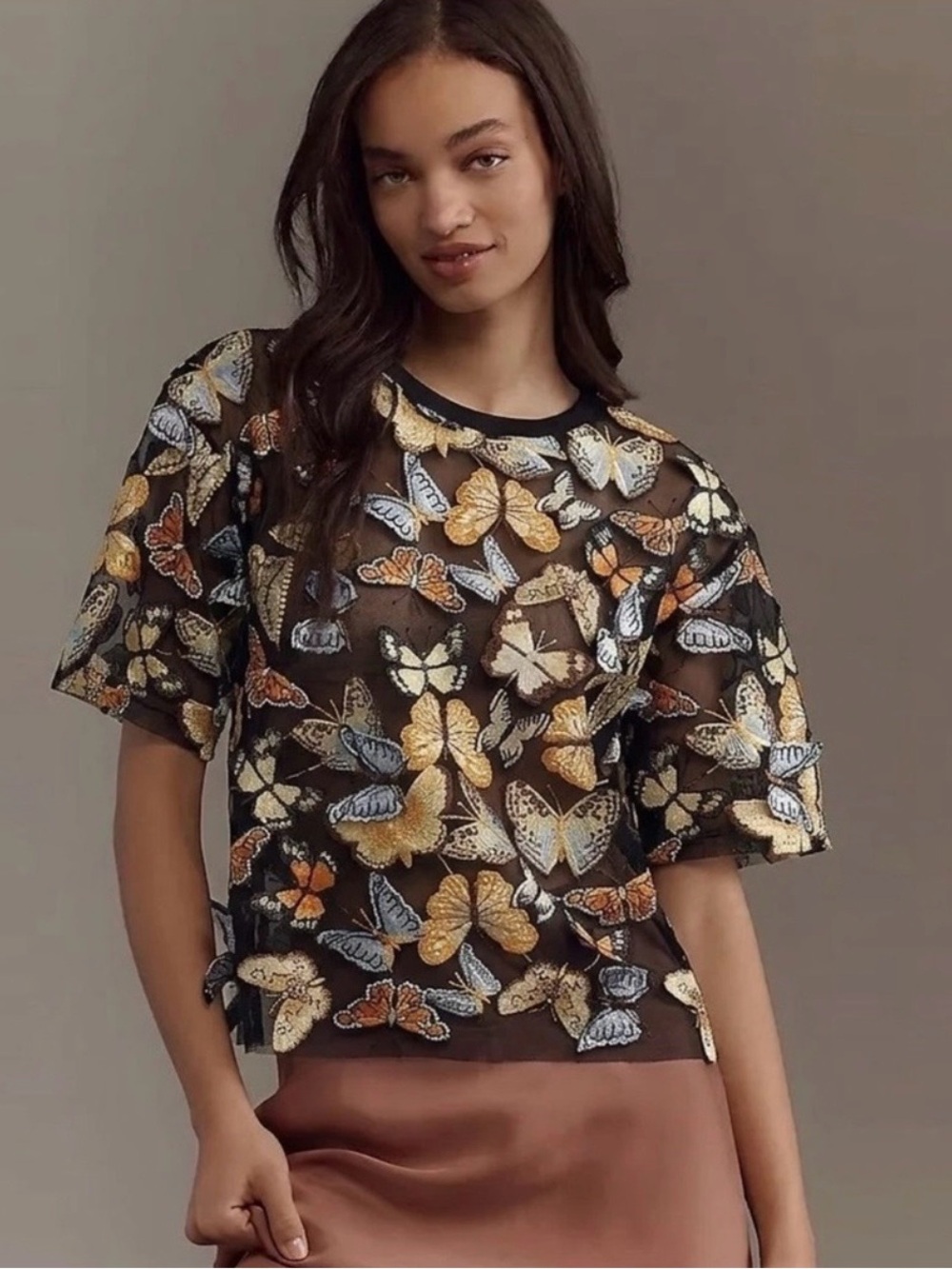 Anthropologie Dolan Black Sheer
3D Butterfly Embroidered Short Sleeve Top